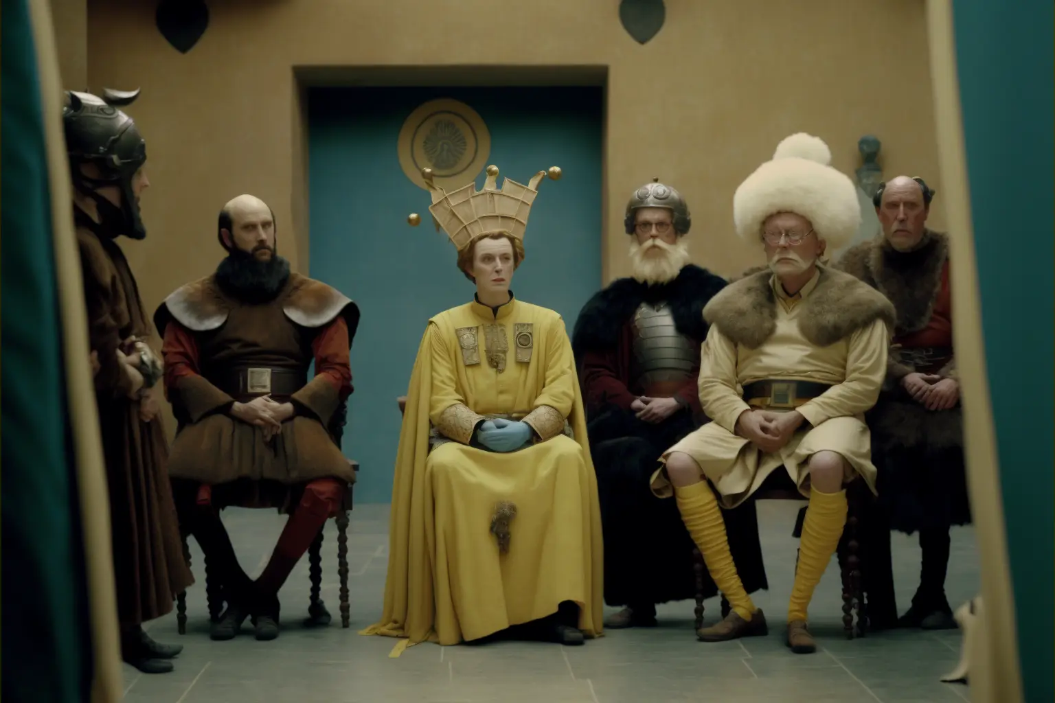 still from film, meeting of the small council game of thrones, directed by Wes Anderson, quirky costume design
